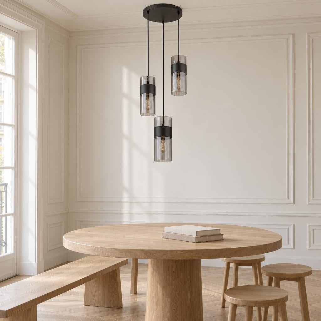 Globo Scarfina hanglamp zwart met rookglas – sfeerbeeld