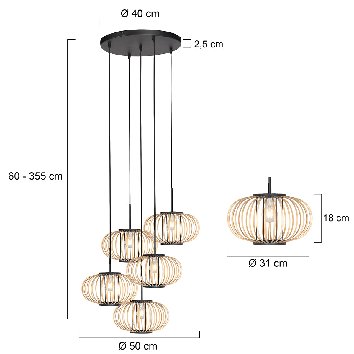 Lampada a sospensione Steinhauer HaloSwap in bambù – disegno con le misure
