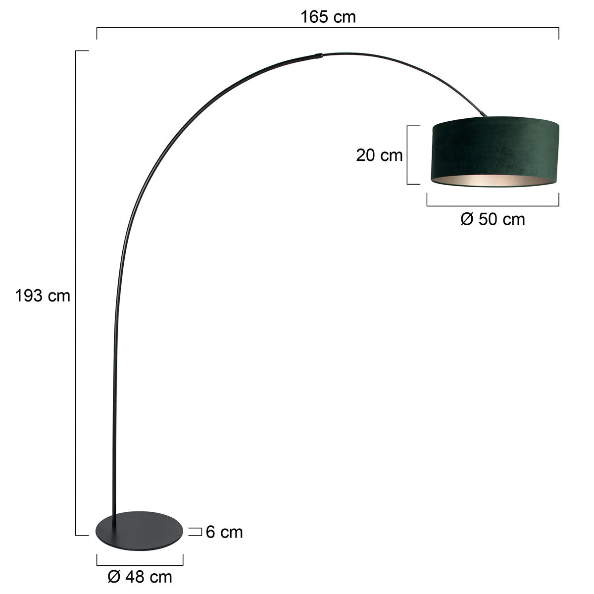Подова дъгова лампа Curve в черно и зелено – Anne Lighting – чертеж с размери