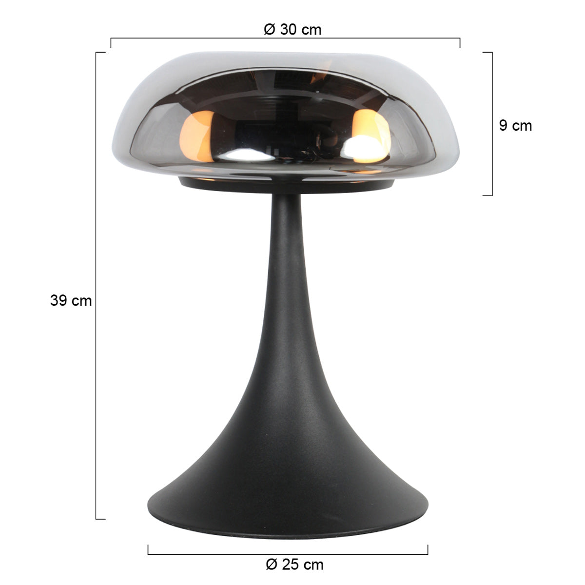 Čierna stolná lampa so zadným zrkadlovým sklom a dvoma svetelnými bodmi Steinhauer Ancilla – rozmerový nákres