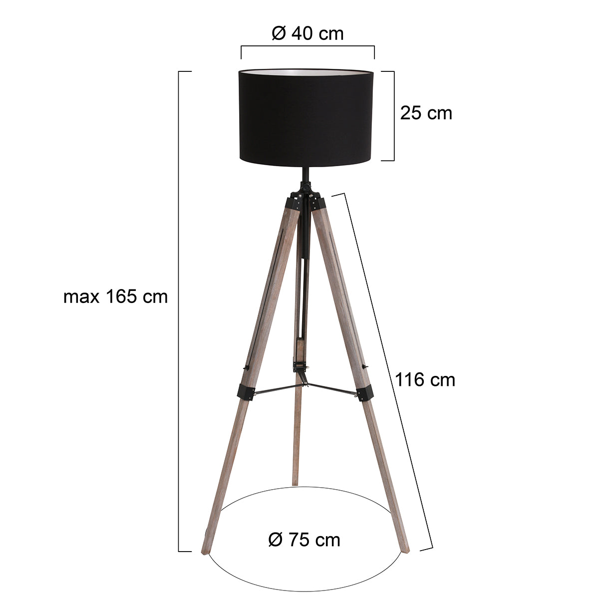 Black Tripod Floor Lamp with Fabric Shade | Mexlite Triek – dimension drawing