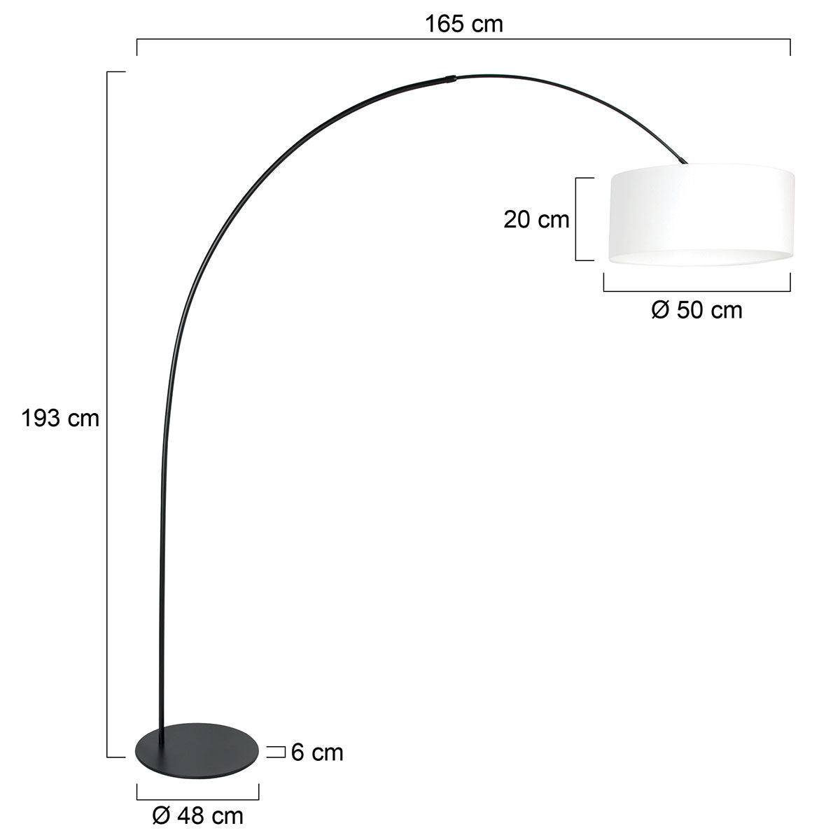 Anne Lighting Curve Arc Floor Lamp in Black and White – dimension drawing