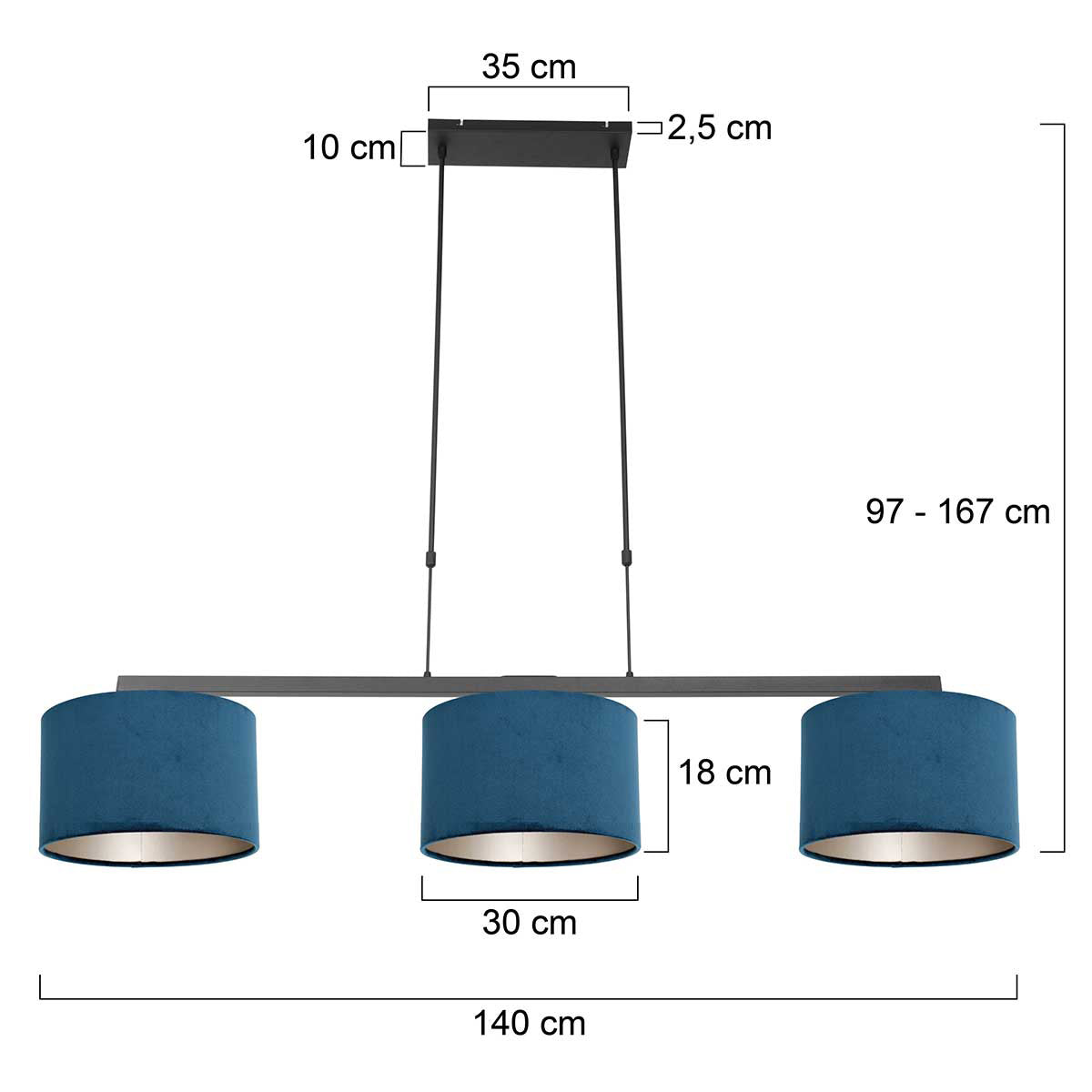 Steinhauer Stang Black Pendant Light with Blue Velvet Shades – dimension drawing