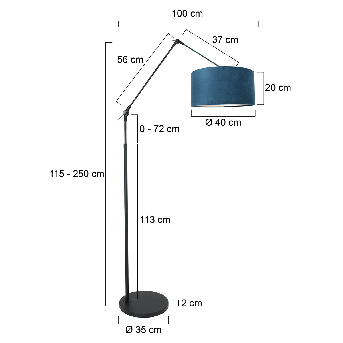 Steinhauer Prestige Arc Floor Lamp – Black with Blue Velvet Shade – dimension drawing