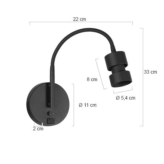 Czarna lampa ścienna z USB Mexlite Upround – rysunek z wymiarami