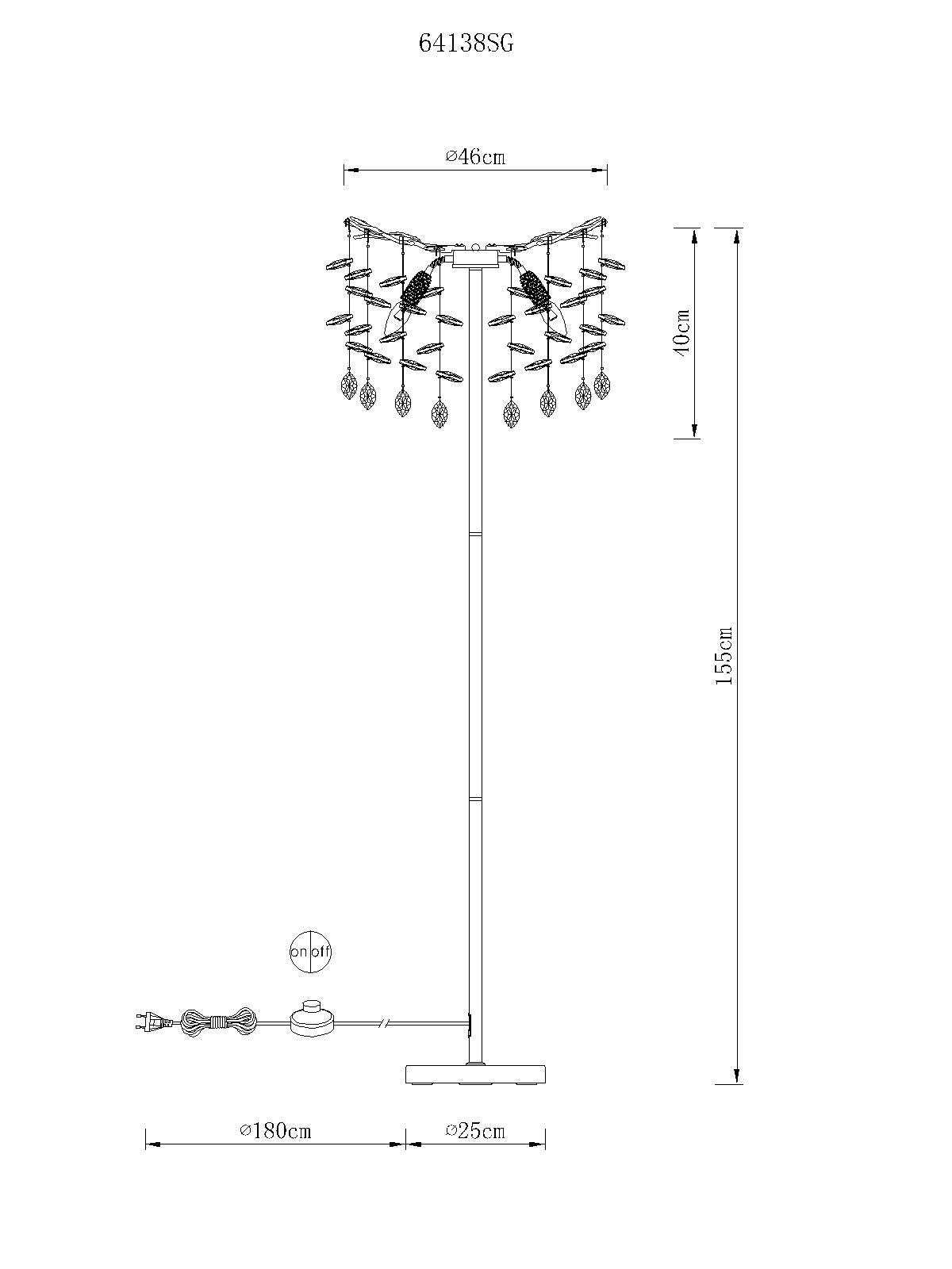 Lustre de pé moderno em cristal dourado com 5 luzes – desenho com dimensões