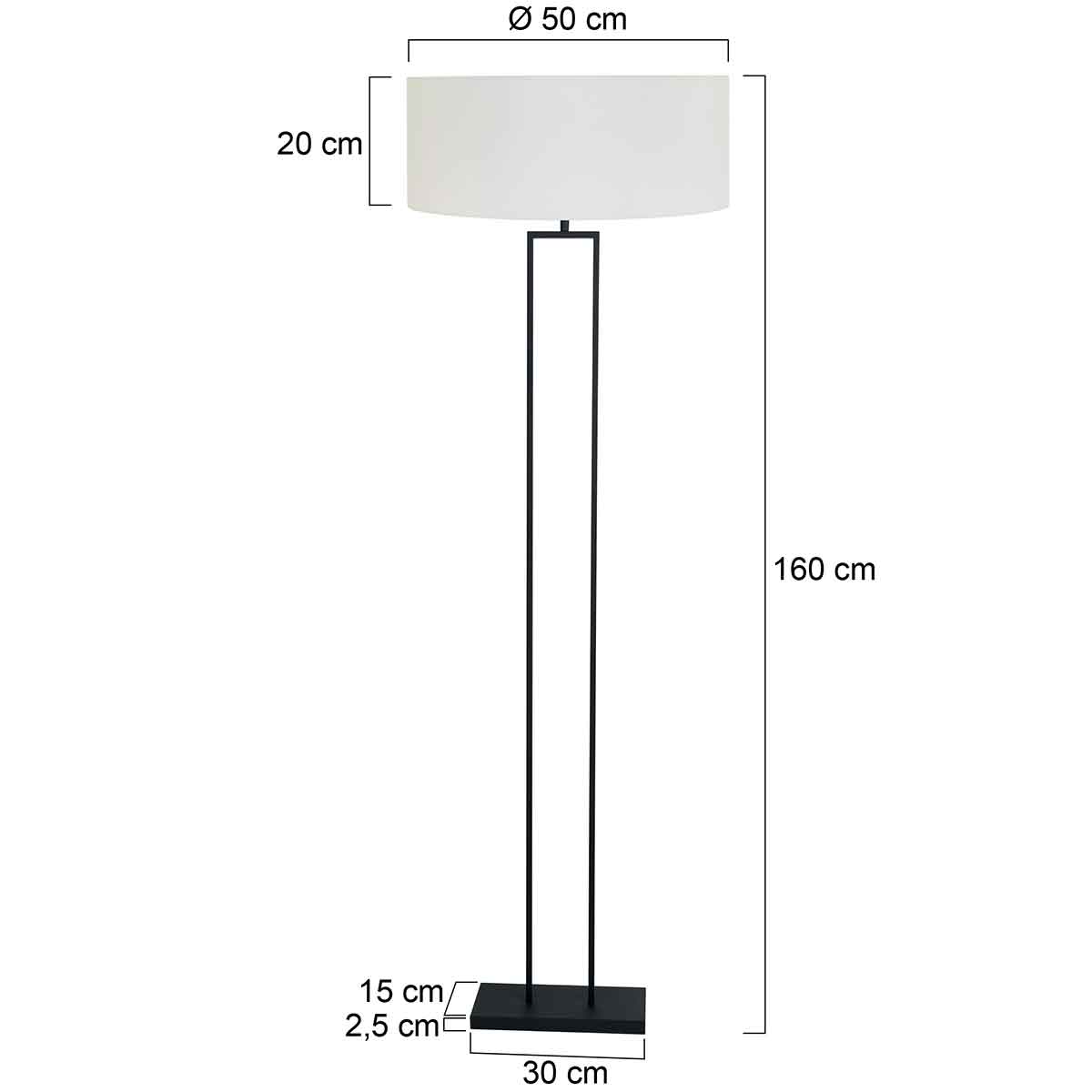 Steinhauer Stang Modern Black Floor Lamp with White Shade – dimension drawing