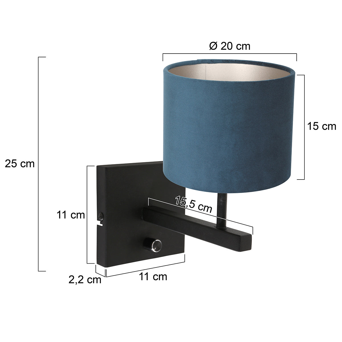 Nowoczesna lampa ścienna Steinhauer Stang, czarna z niebieskim kloszem – rysunek z wymiarami