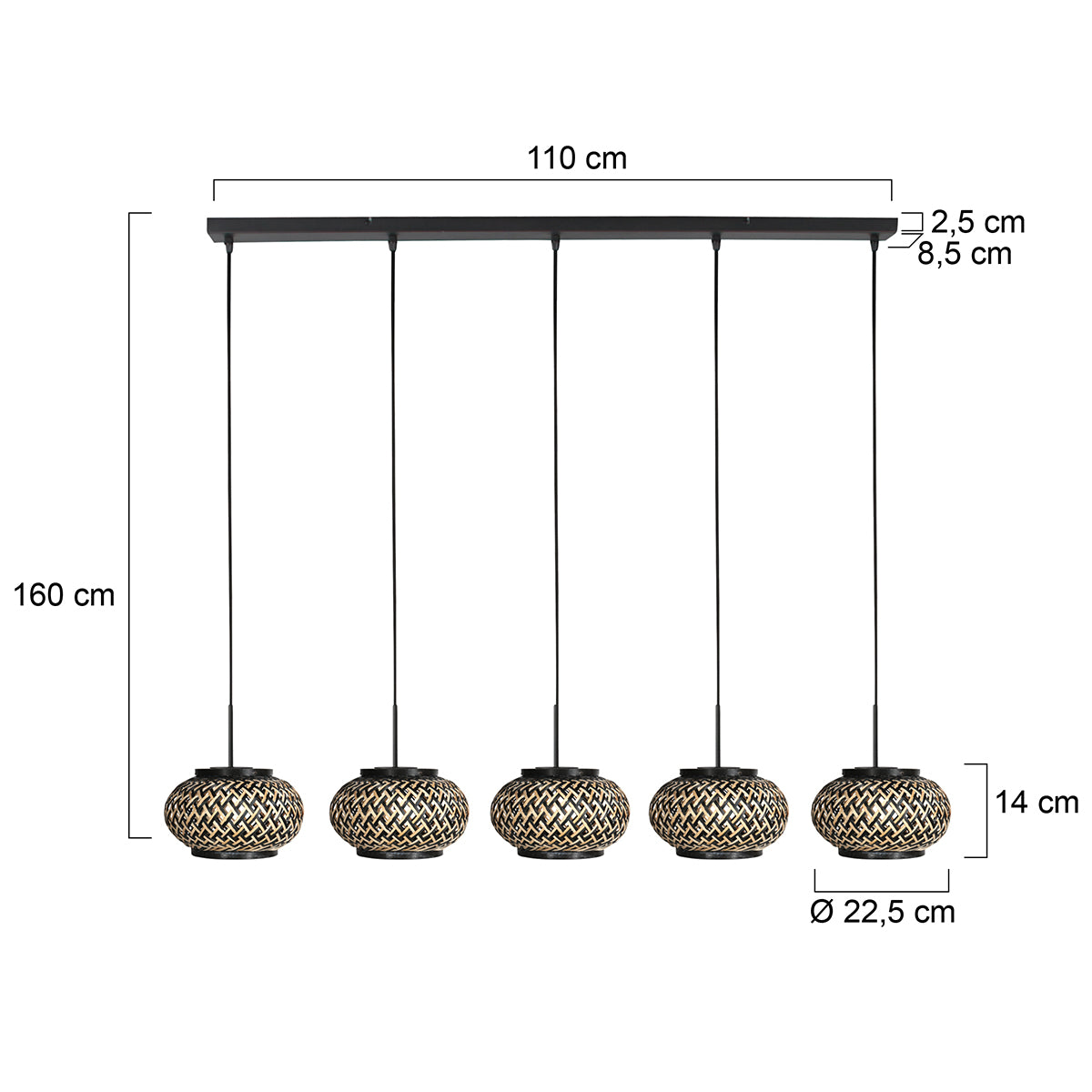 Lampa wisząca Steinhauer HaloSwap z 5 kloszami bambusowymi – rysunek z wymiarami
