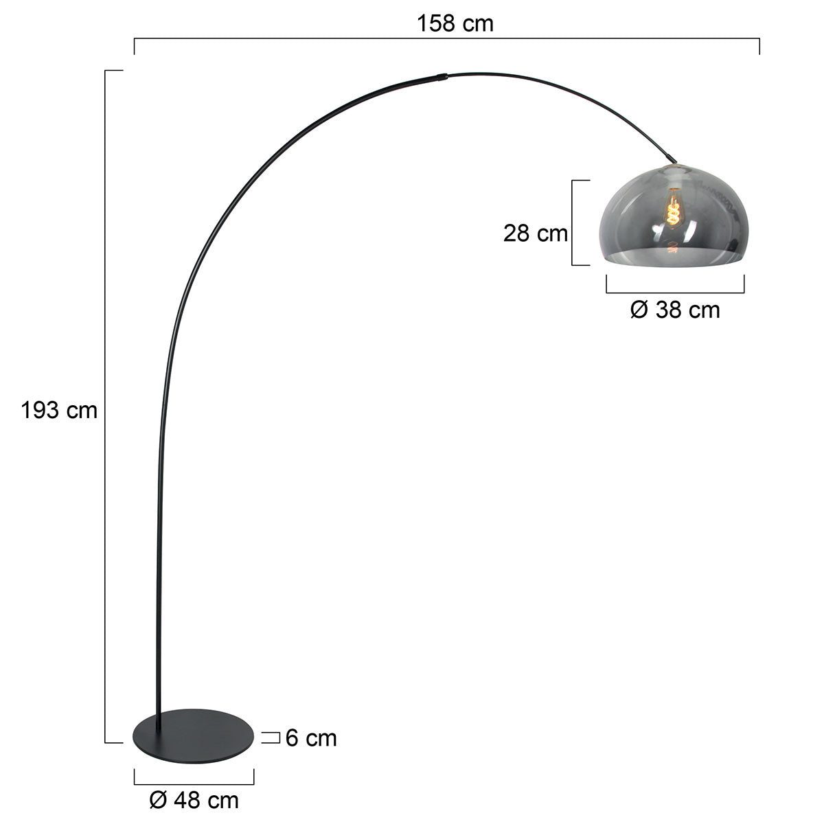 Черна дъгова подова лампа Anne Lighting Curve – чертеж с размери