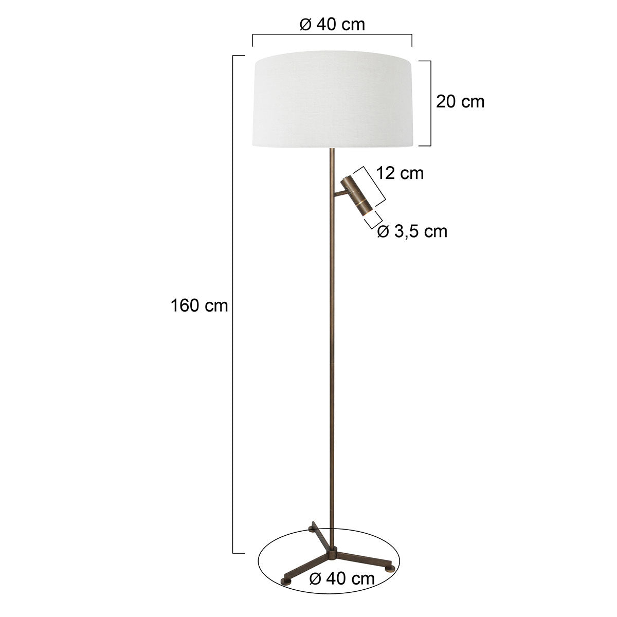 Steinhauer Stang bronzen 3-poot vloerlamp met leeslicht – maattekening
