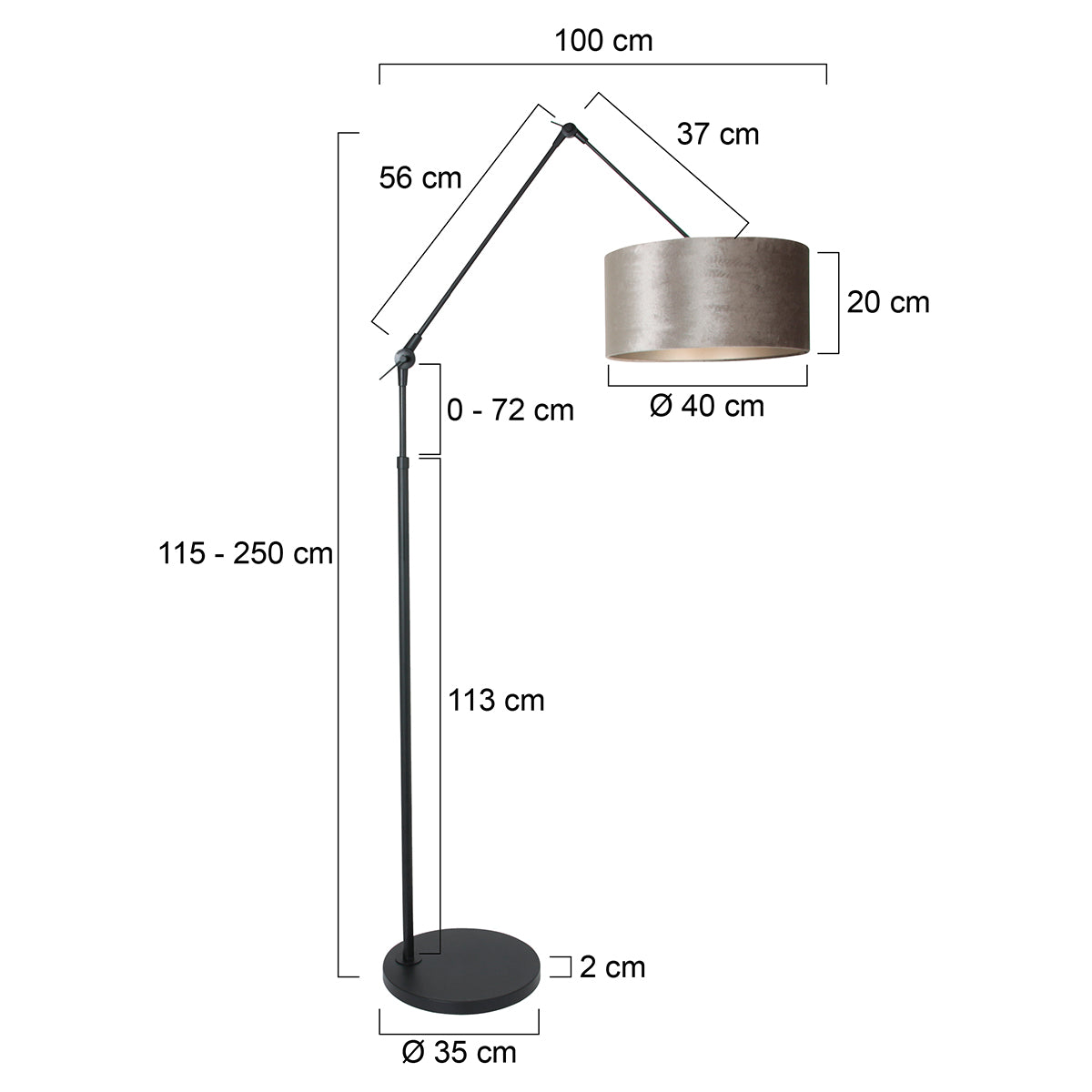 Candeeiro de pé de arco articulado Steinhauer Prestige – desenho com dimensões