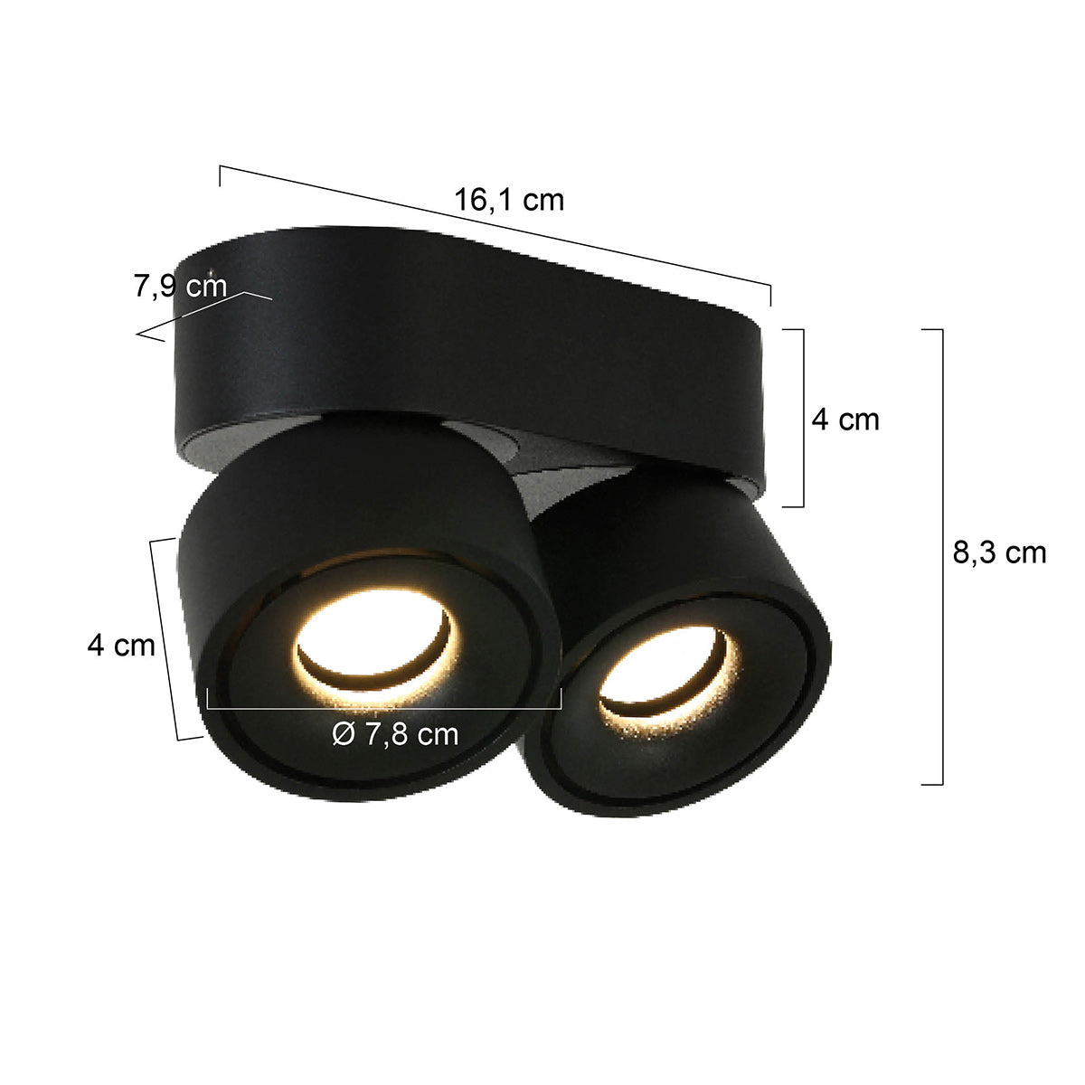 Mexlite Fez Black zwarte 2-lichts LED-opbouwspot – maattekening