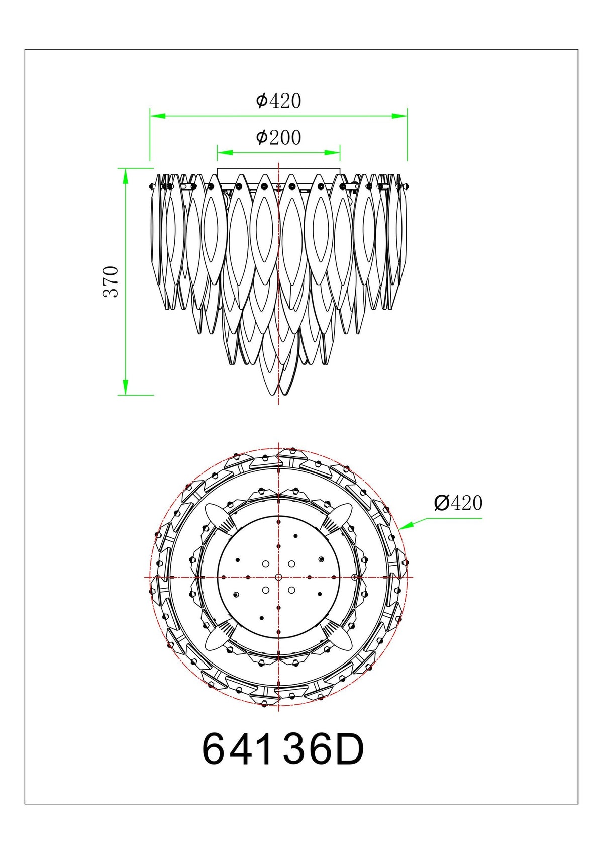 Luz de teto cristalina dourada de 5 lâmpadas – desenho com dimensões