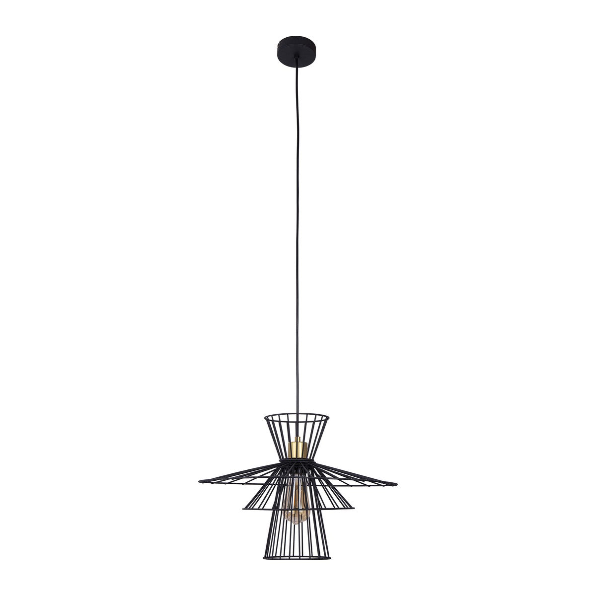 Zwarte metalen hanglamp met gelaagd draadframe en gouden details