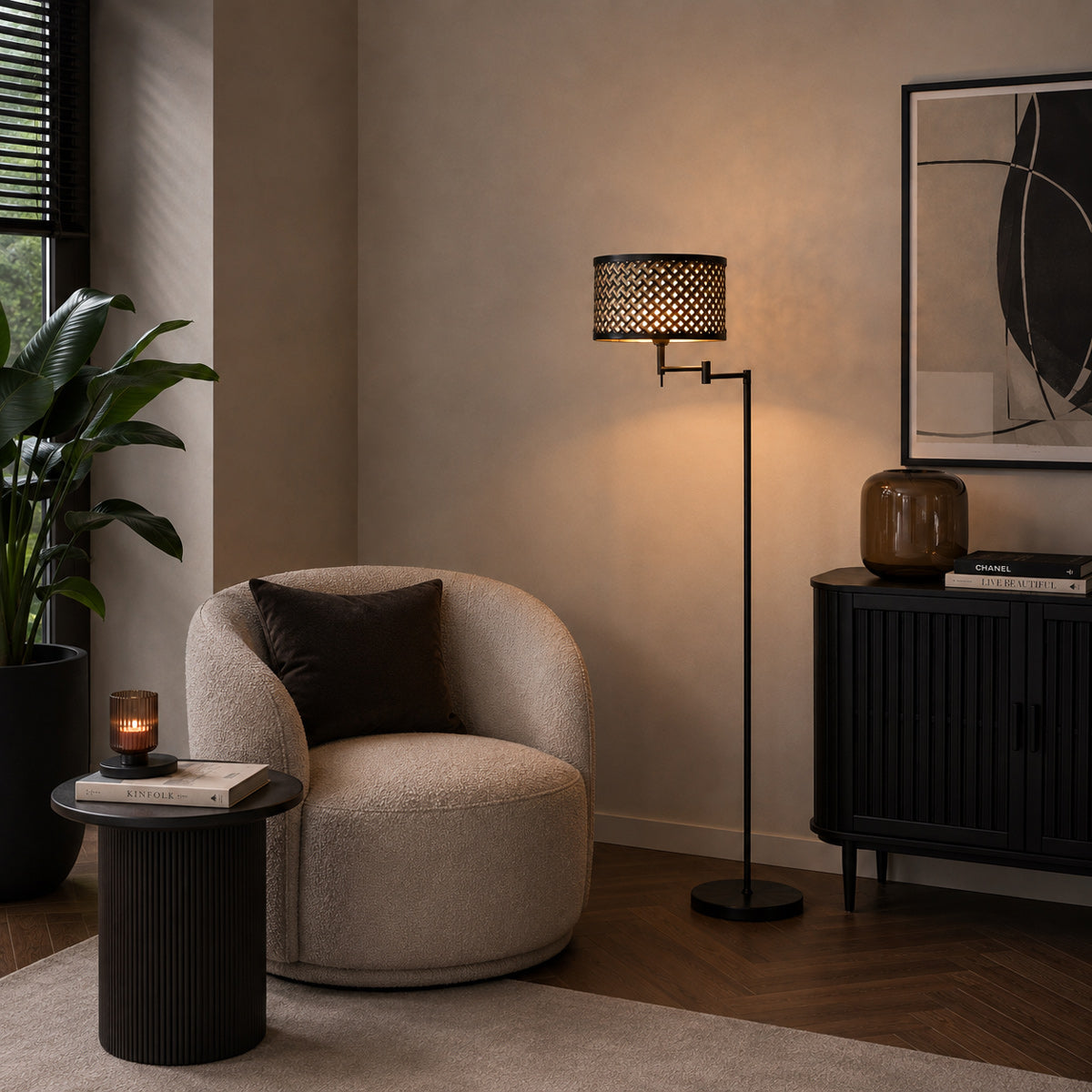 Zwarte industriële vloerlamp met bamboekap Mexlite Bella – afbeelding 2