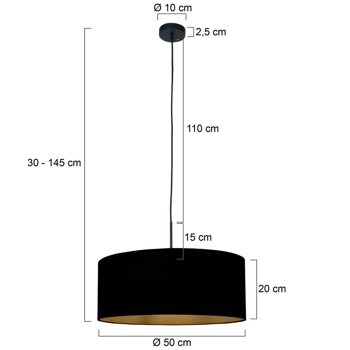 Steinhauer Sparkled Light Black Fabric Pendant Light – dimension drawing