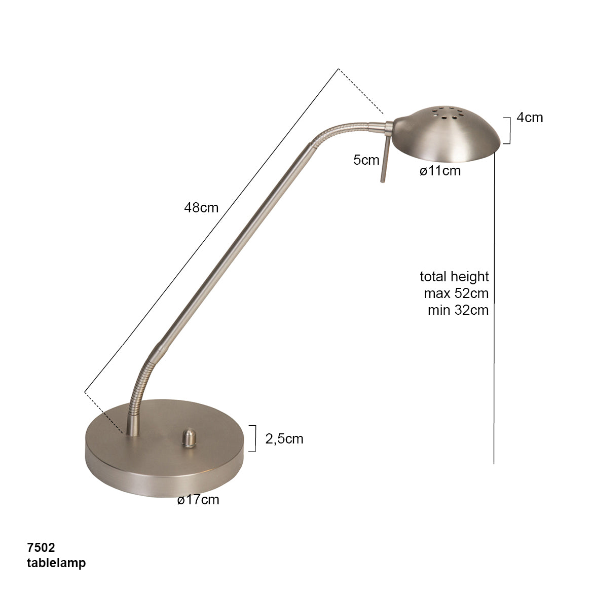 Nowoczesna lampa stołowa LED Mexlite Biron ze stali – rysunek z wymiarami