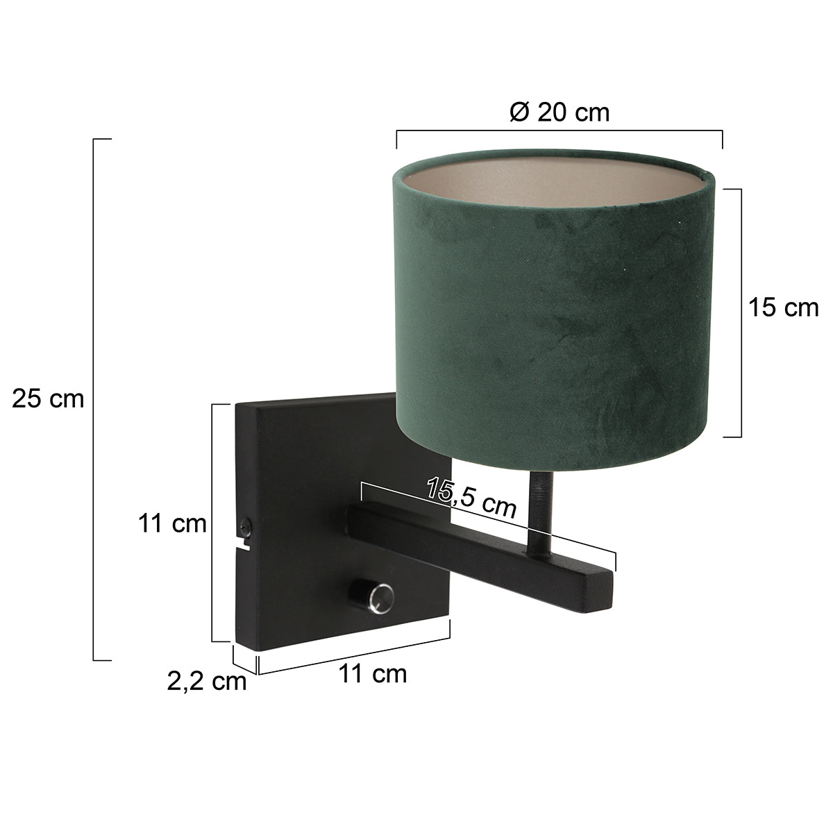 Steinhauer Stang Black Wall Light with Green Shade – dimension drawing