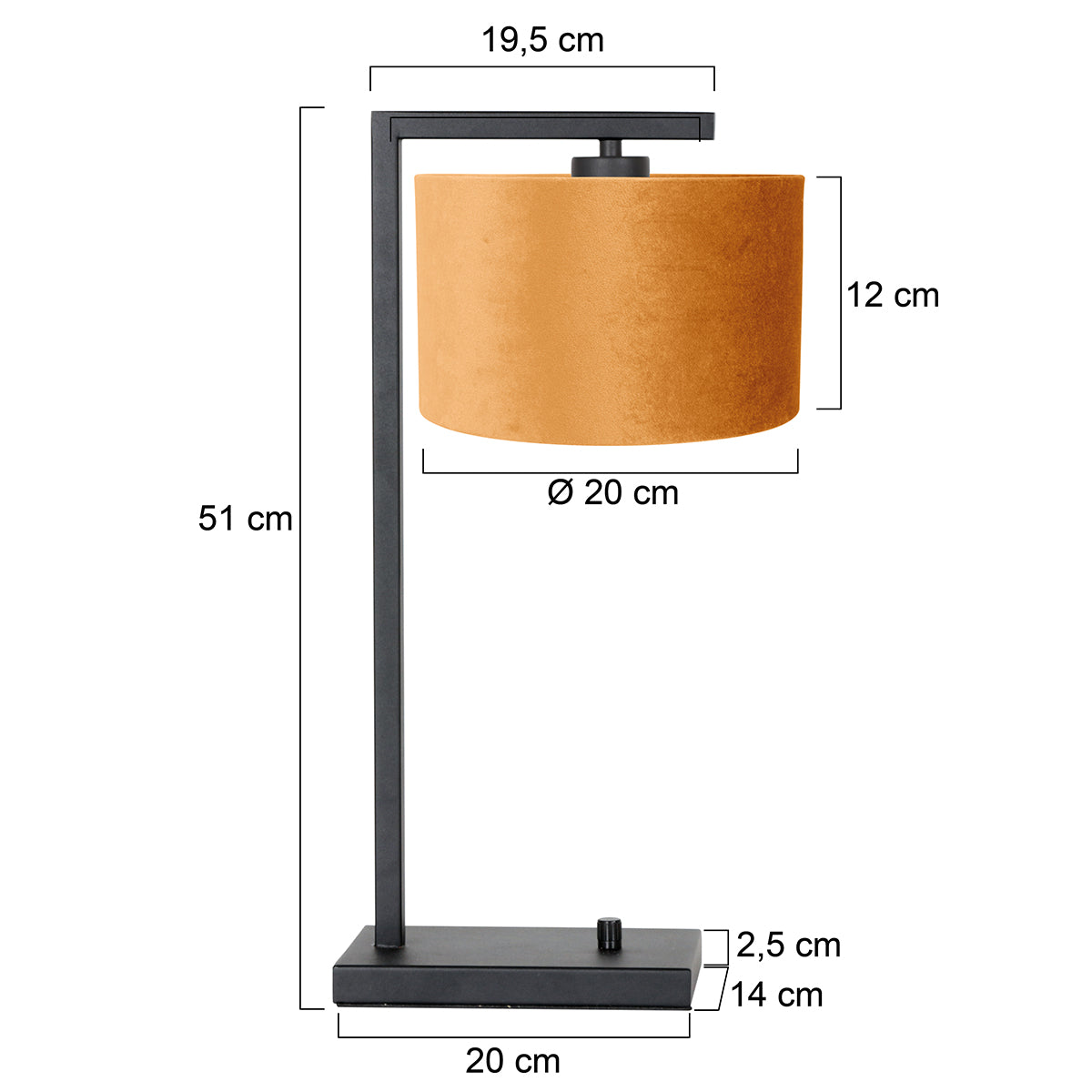 Czarna lampa stołowa Steinhauer Stang z kloszem w kolorze ochry – rysunek z wymiarami
