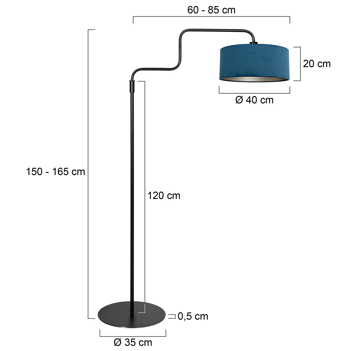 Steinhauer Bloeba Blue Velvet Floor Lamp – dimension drawing