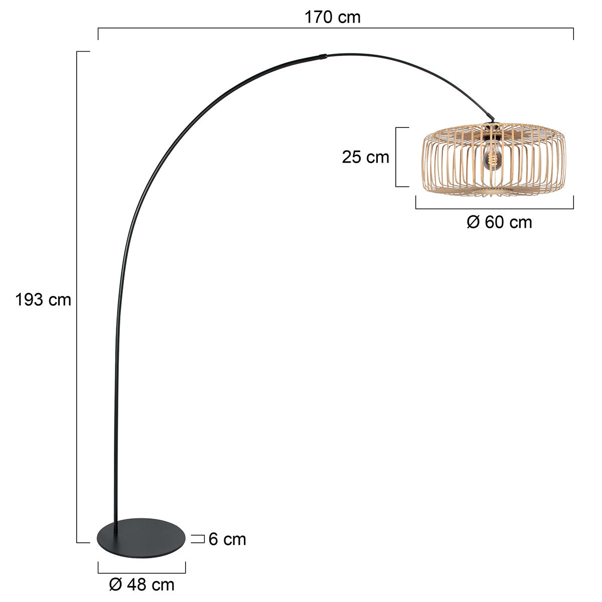 Аркова подова лампа Anne Lighting Curve – черна и натурална – чертеж с размери