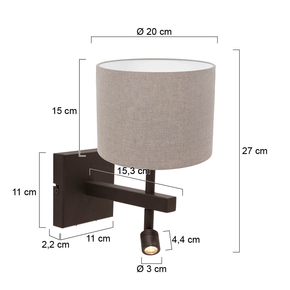 Steinhauer Stang wandlamp cacao met wit linnen en leeslicht – maattekening