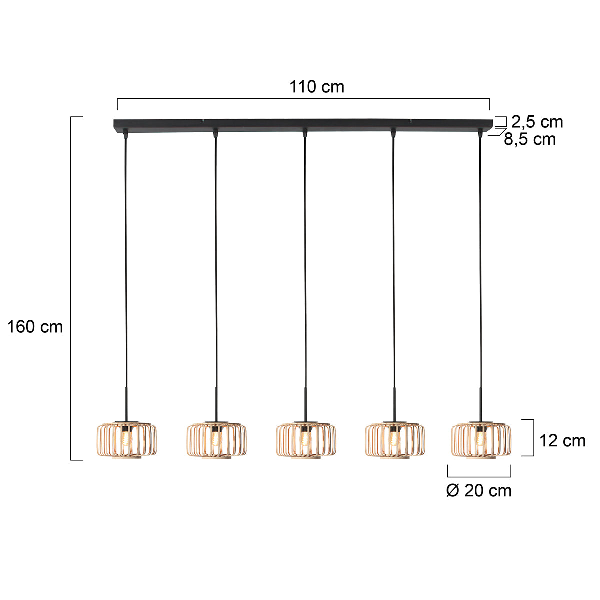 Lampada a sospensione Mexlite HaloSwap a 5 luci – disegno con le misure