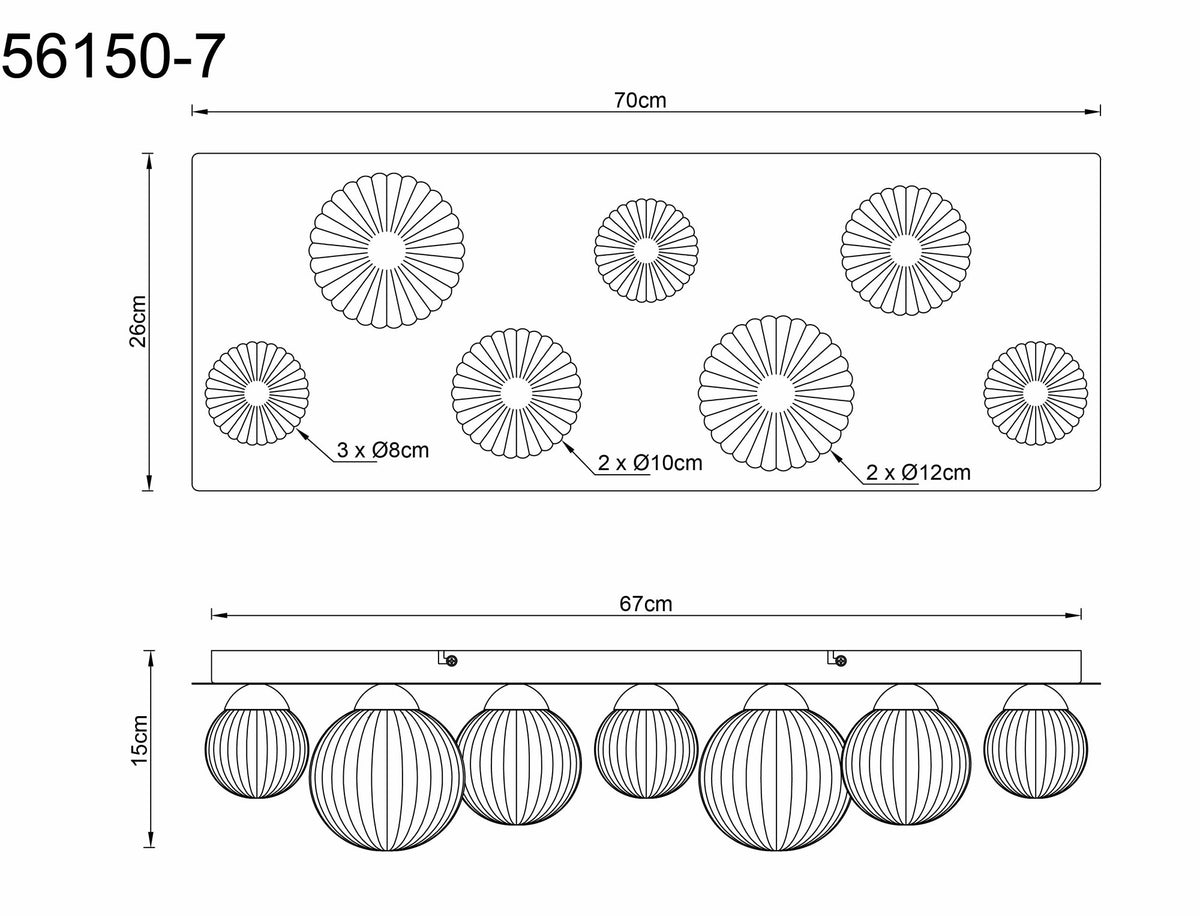 Luminária de teto de 7 luzes em vidro grande na cor cappuccino – desenho com dimensões