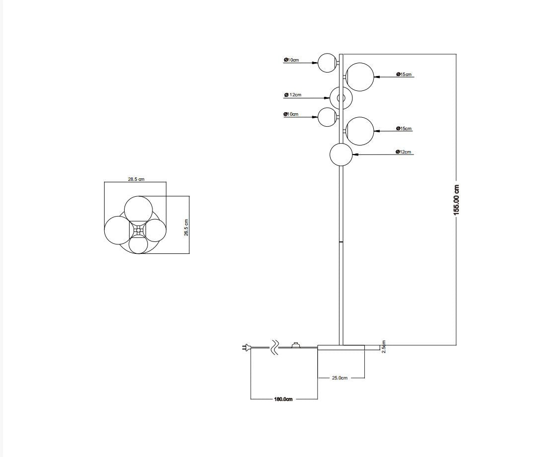 Lampada da terra in metallo color sabbia senza tempo con 6 luci – disegno con le misure