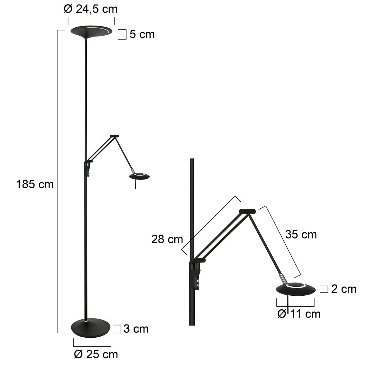 Steinhauer Zodiac LED Floor Lamp with Reading Light – dimension drawing