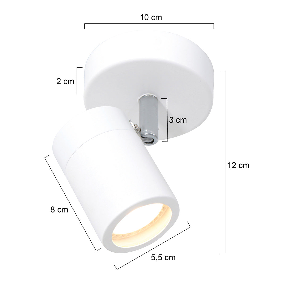 Mexlite Upround LED-spot i vit metall – GU10 – måttskiss