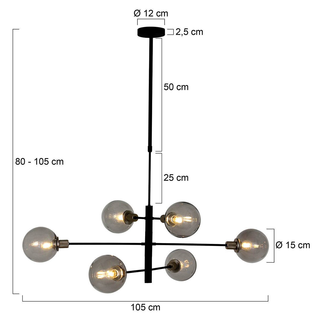 Steinhauer Constellation hanglamp met rookglazen bollen – maattekening