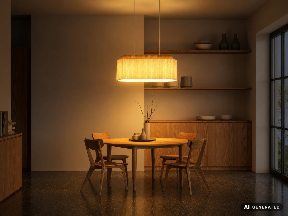 Lampada a sospensione a tre luci in lino marrone d'atmosfera – disegno con le misure