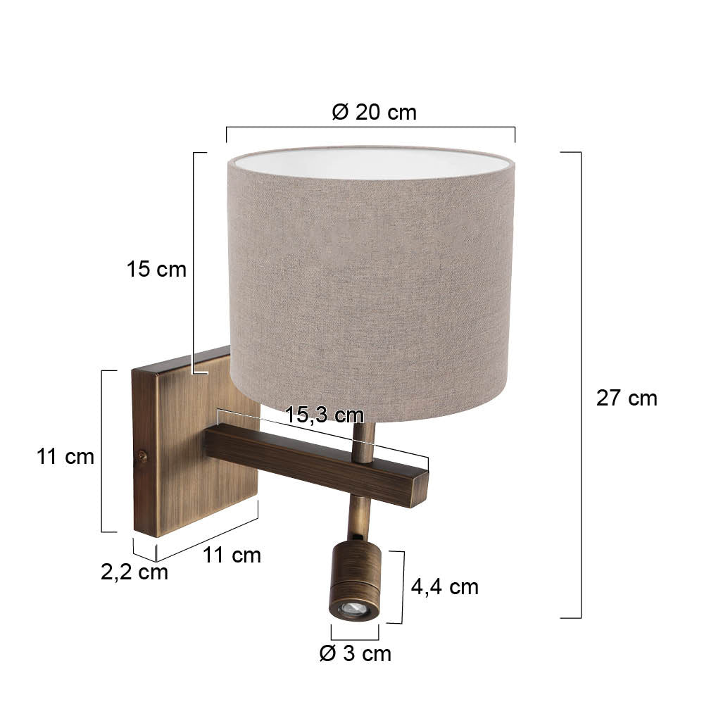 Bronzen wandlamp met grijs linnen en apart leeslampje Steinhauer Stang – maattekening