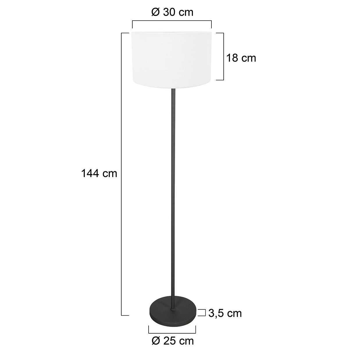 Lampada da terra bianca con base nera Mexlite Noor – disegno con le misure