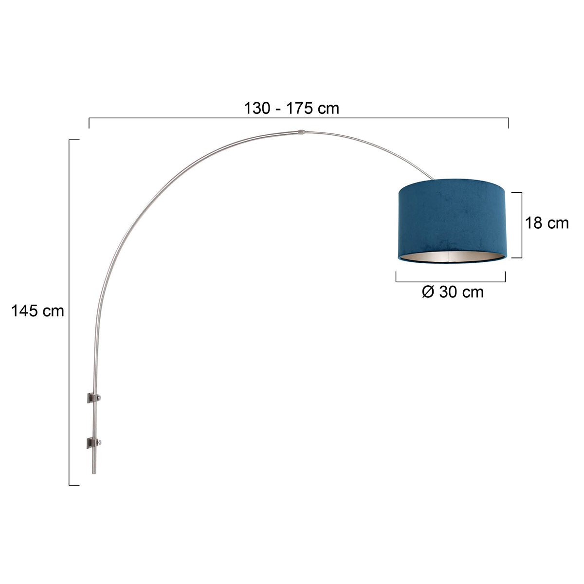 Steinhauer Gramineus wandlamp staal met blauwe velours kap – maattekening