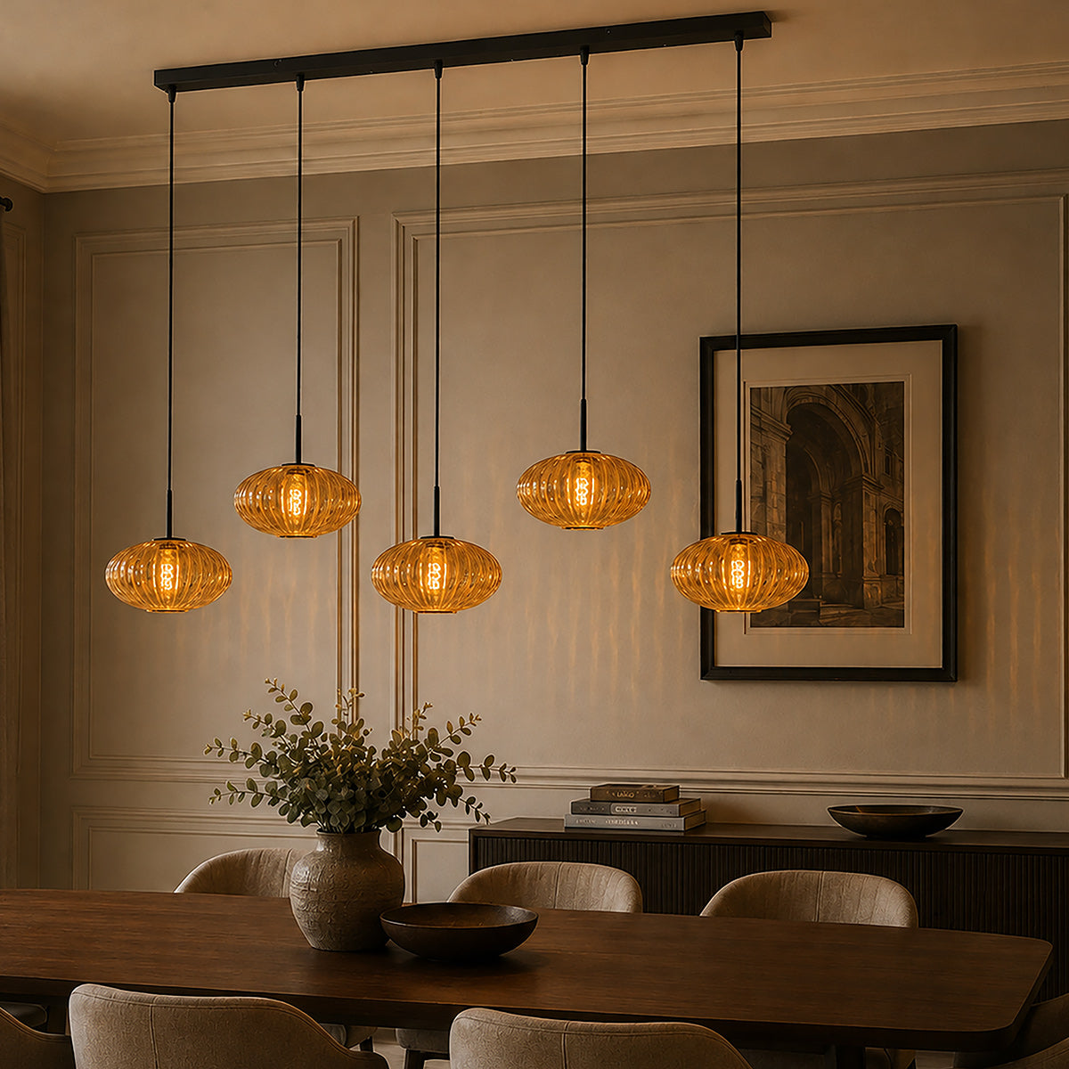 Mexlite HaloSwap hanglamp met 5 amberkleurige ribbelglazen – afbeelding 2