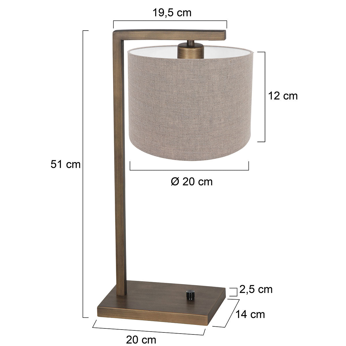Steinhauer Stang bronzen tafellamp met linnen kap – maattekening