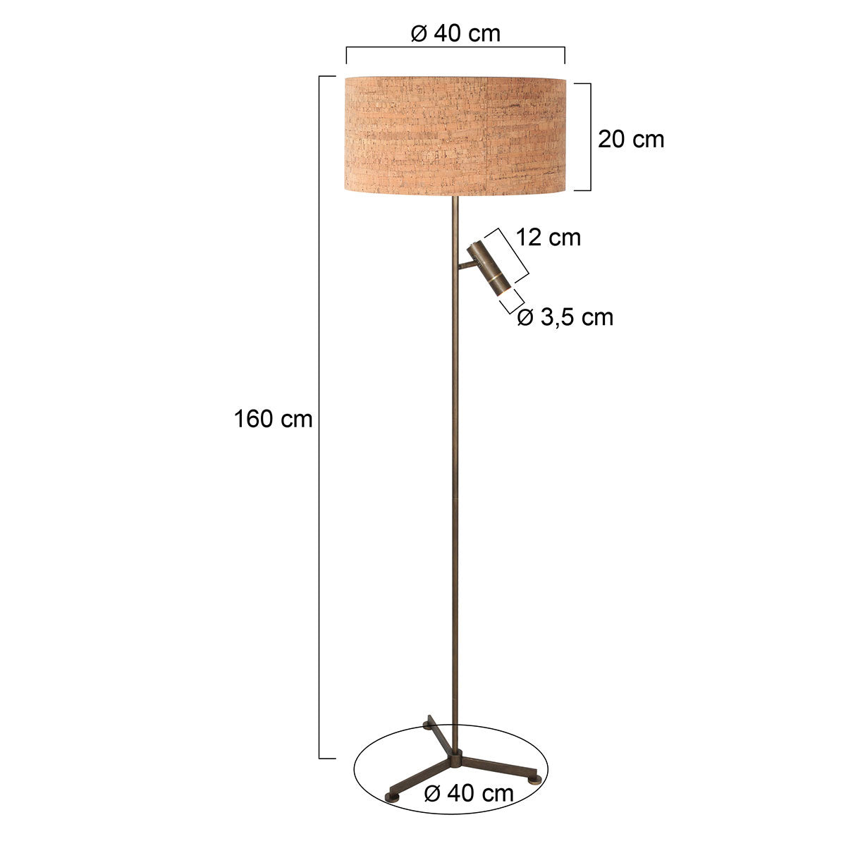 Steinhauer Stang bronzen tripod vloerlamp met leeslicht – maattekening