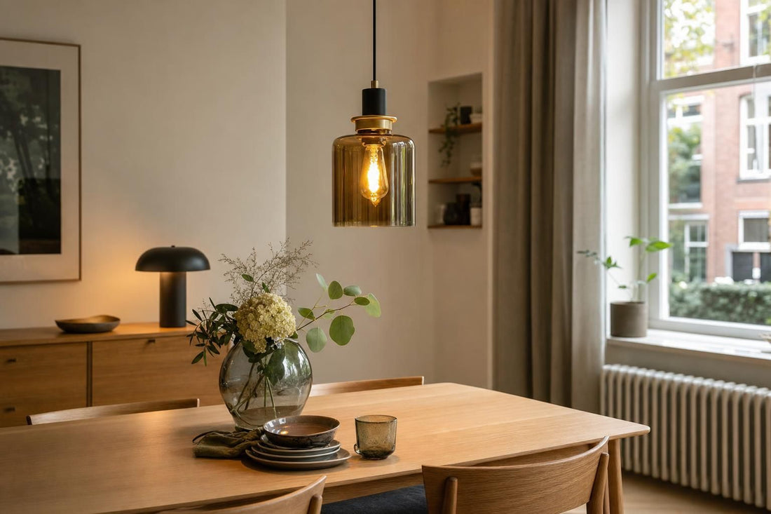 Zwarte en messing hanglamp met amberkleurig glas boven een eettafel