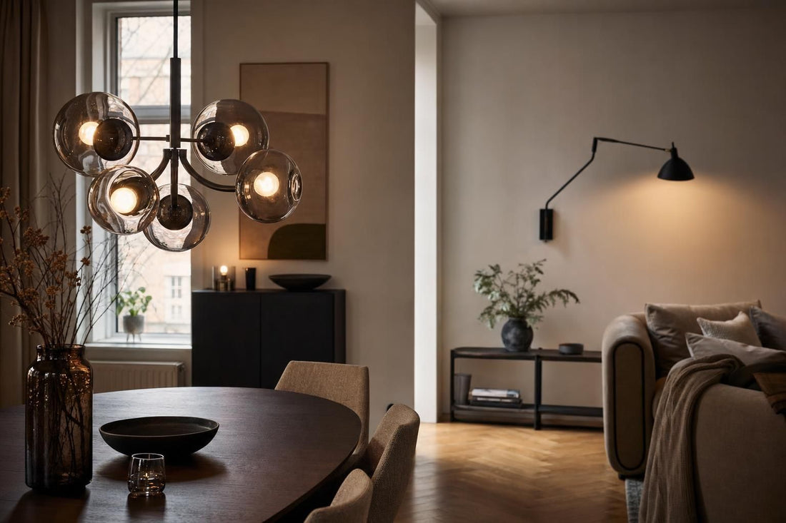 Hotel chique woonkamer met zwarte hanglamp met glas en verstelbare wandlamp