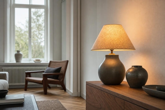 Kegelvormige lampenkap op een lampvoet in een woonkamer