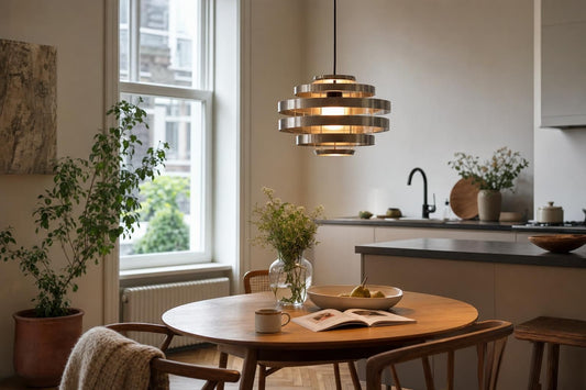 Keuken met een moderne stalen Soleil hanglamp boven de eettafel