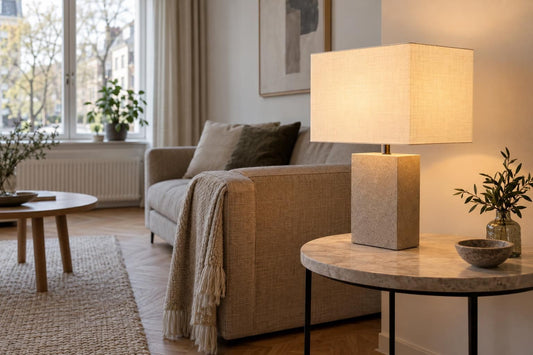 Rechthoekige witte linnen lampenkap op een tafellamp in de woonkamer