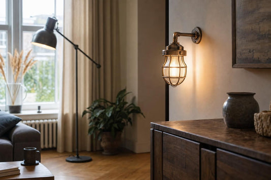 Scheepslamp aan de wand in een woonkamer naast een houten kast en industriële vloerlamp