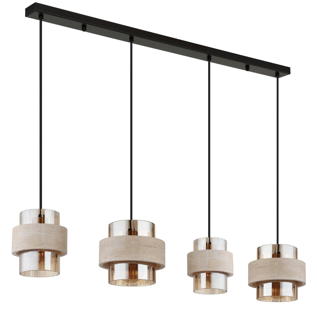 Zwarte metalen hanglamp met vier amberkleurige glazen kappen – afbeelding 1
