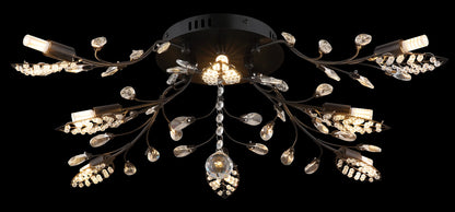 Zwarte metalen plafondlamp met kristallen blaadjes en vertakte armen – afbeelding 3