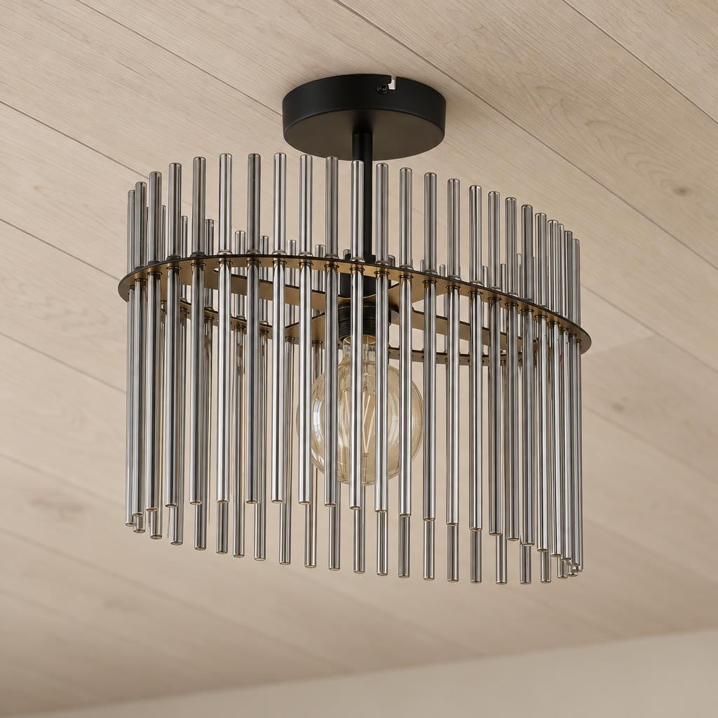 GORLEY loftlampe i sort metal og røgfarvet glas – stemningsbillede