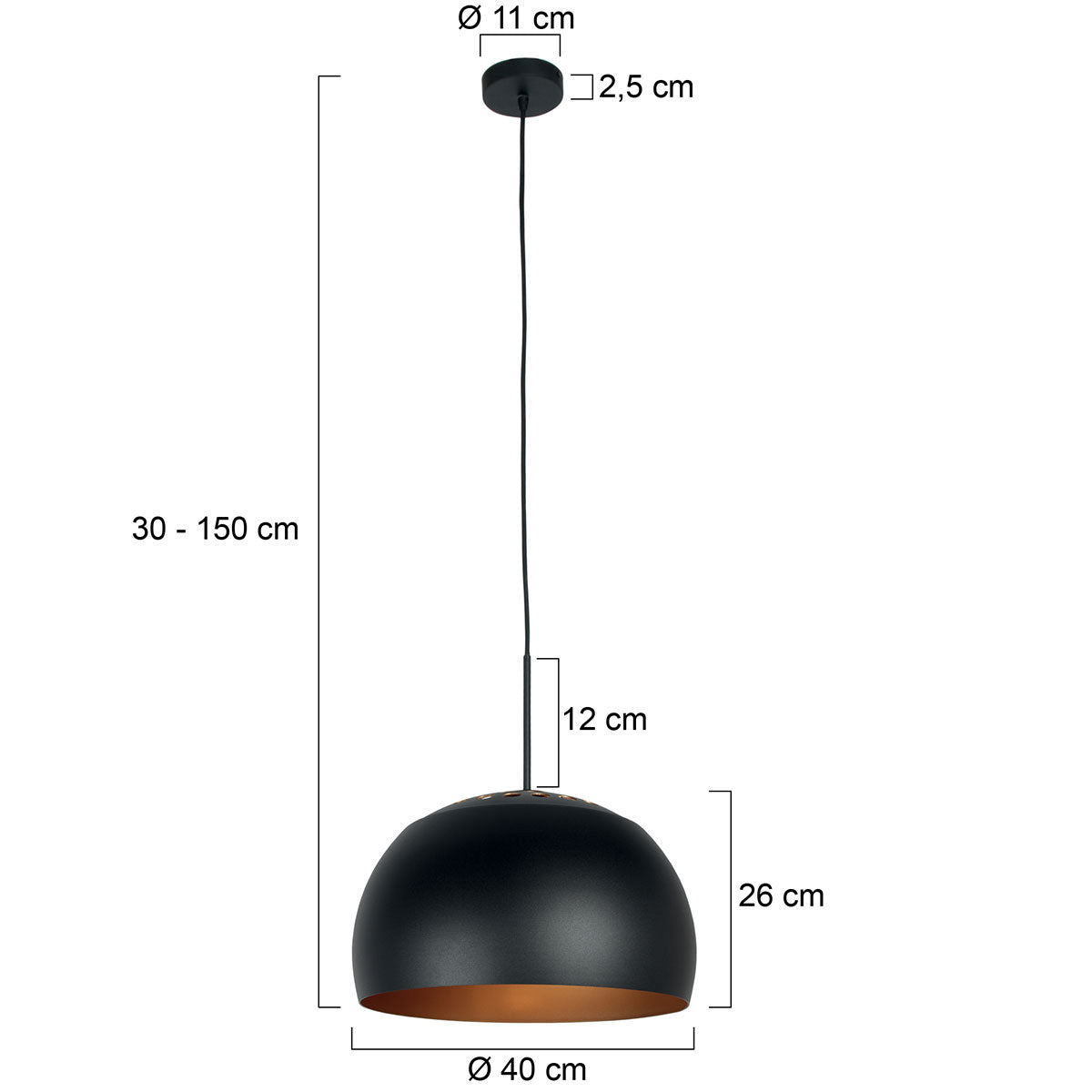 Steinhauer Globe Black fekete függőlámpa arany belsővel – méretrajz